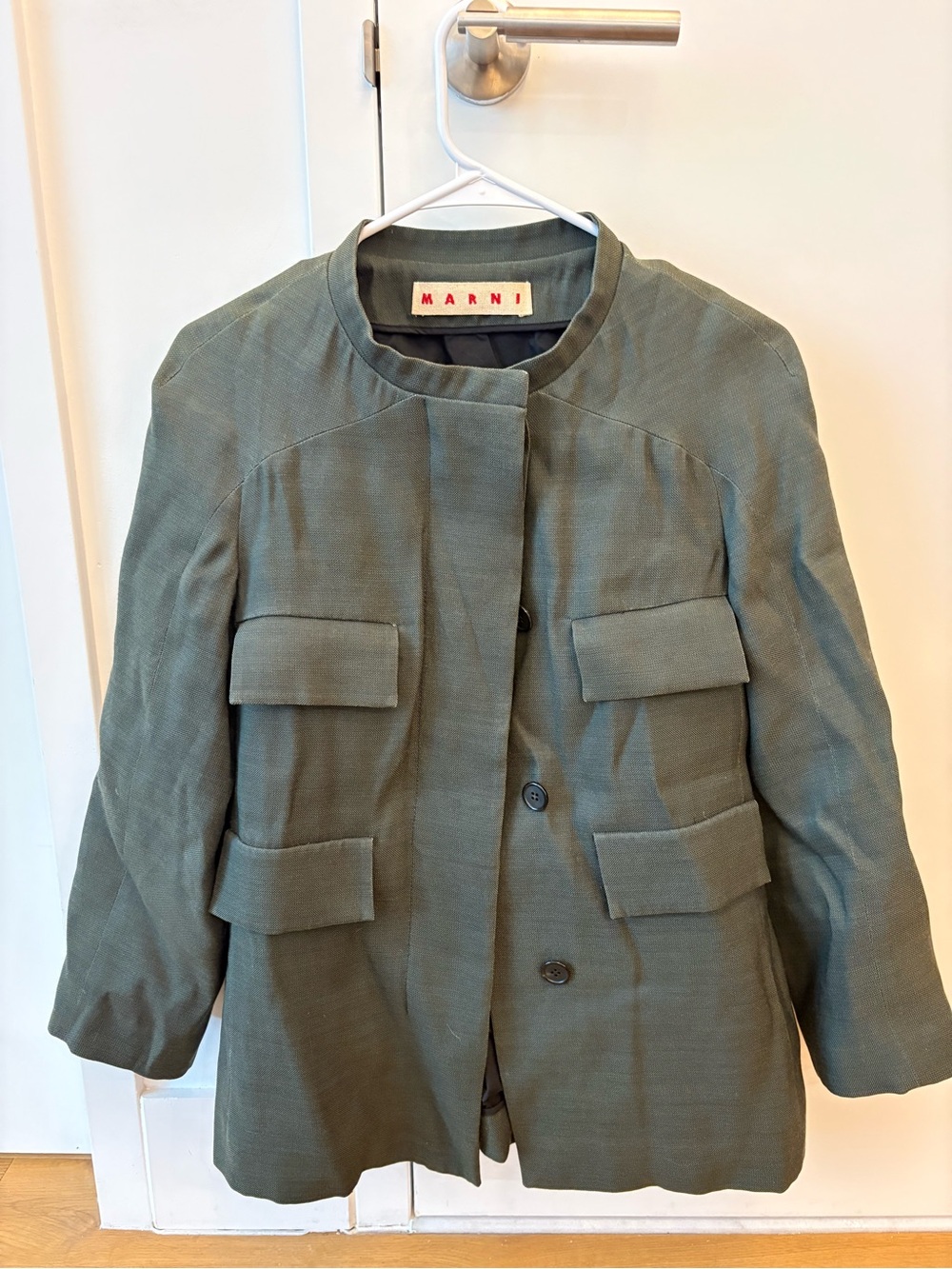 Marni Olive Green Short Blazer Jacket with Flap Pockets